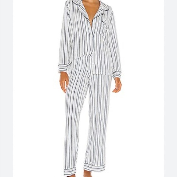 Eberjey Gisele Long PJ Set in Off White & Indigo Stripe XL - Picture 1 of 14